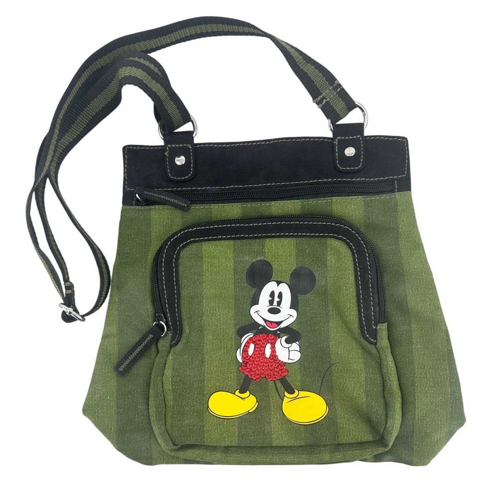 Disney Mickey Mouse Green Striped Canvas Crossbody Bag Sequin Detail RN87429 VTG